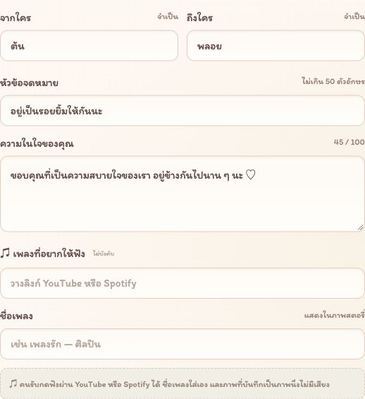 ตัวอย่างช่องจากใคร ถึงใคร หัวข้อจดหมาย ข้อความพร้อมตัวนับ 100 ตัวอักษร และช่องลิงก์เพลงกับชื่อเพลง